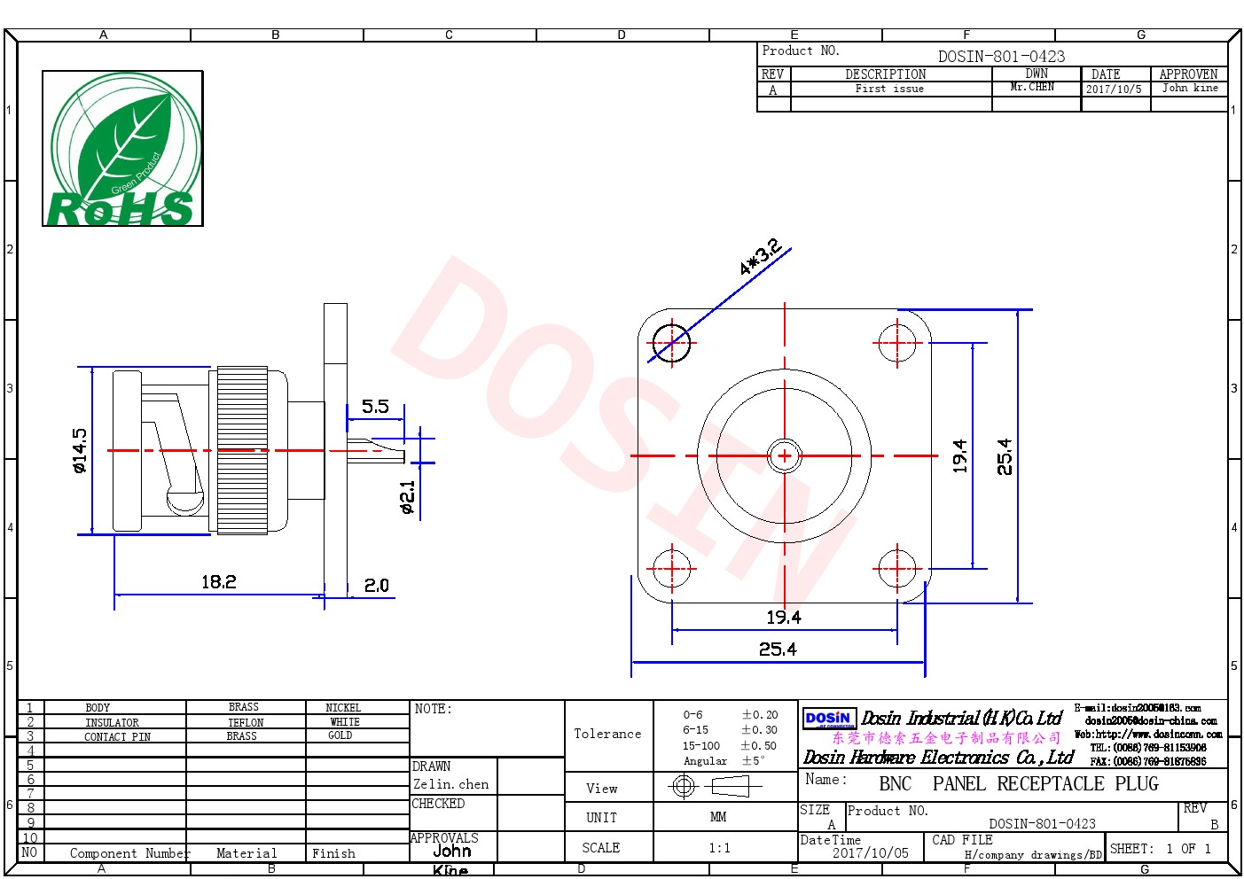 BNC端子接PCB板母頭直式卡板式連接器75歐姆